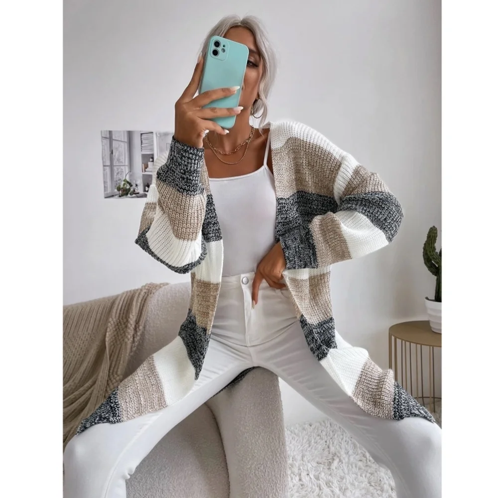 Colorblock Stripes Open Knit Cardigan Knee Length - Picture 3 of 9